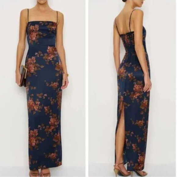 Reformation Frankie Silk Maxi Dress Sz6 Core Navy Red Floral Holiday Cocktail - Picture 1 of 9